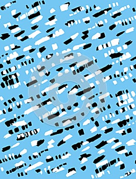Lovely Seamless Irregular Vector Pattern with Abstract Black and White Brush Stripes Isolated on a Blue Background.