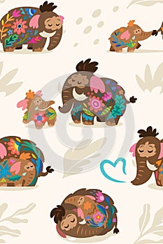 Lovely seamless pattern. Baby mammoth following her mom with floral inside.