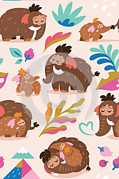 Lovely seamless pattern with baby mammoth following her mom among mountains, leaves and berries