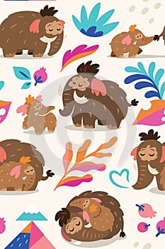 Lovely seamless pattern with baby mammoth following her mom among mountains, leaves and berries