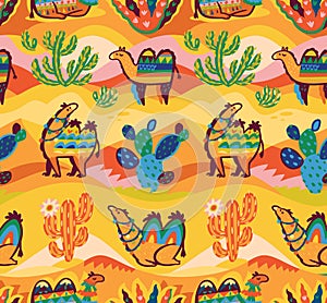 Lovely seamless pattern with camels, desert and cactuses in tribal style