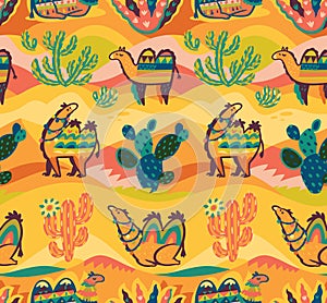 Lovely seamless pattern with camels, desert and cactuses in tribal style