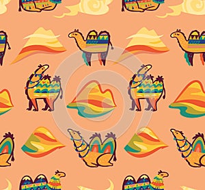 Lovely seamless pattern with camels, desert and hills in tribal style