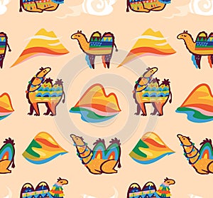 Lovely seamless pattern with camels, desert and hills in tribal style