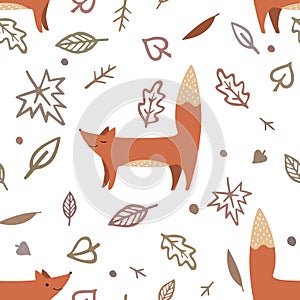 Lovely seamless pattern with cute foxes and autumn leaves. Awesome forest background in bright colors in vector