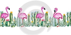 Lovely seamless repeat border with green watercolor cactus,succulents,flowers and pink flamingos