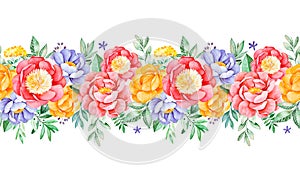 Lovely seamless repeat border with peony,rose,leaves,flowers,branches and berries