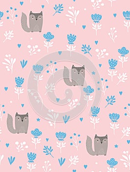 Lovely Seamless Vector Pattern with Cute aby Fox Sitting in the Garden.