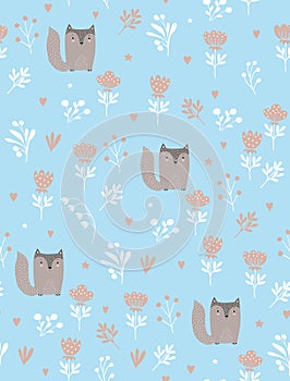 Lovely Seamless Vector Pattern with Cute aby Fox Sitting in the Garden.