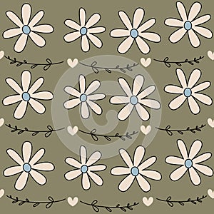 Cute lovely seamless vector pattern illustration with daisy flowers, hearts and romatic branch on vintage green background