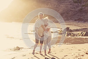 Lovely senior mature couple on their 60s or 70s retired walking