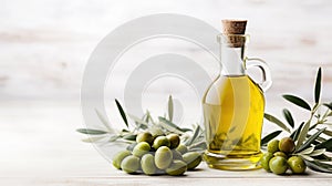 Lovely set of olive oil in a glass bottle and green olives with leaves on a wooden background, Provence style, copy