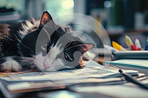 Lovely sleepy cat lying on a desktop