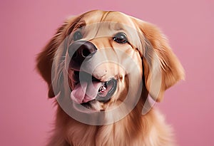 Lovely small golden retriever dog reacting to noise suspiciously looking around while sitting on pink background in studio stock