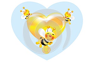 Lovely smiling bees holding a heart of fresh golden honey