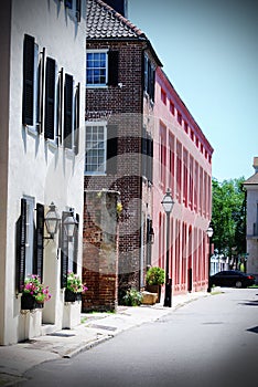 Lovely street with colorful buildings in downtown Charleston, South Carolina.