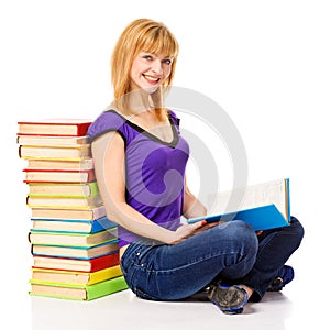 Lovely student with a stack of books, isolated