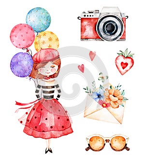 Lovely summer collection with young girl, multicolored balloons