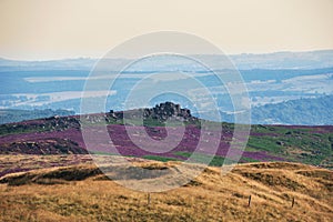 Lovely Summer day landscape image of Higger Tor vibrant heather viewed from Stanage Edge in Peak District