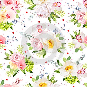 Lovely summer garden seamless vector print. Wild rose, orchid, fresh green leaves, blue berries.