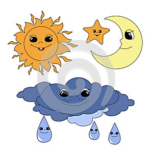 The lovely sun, moon, asterisk and thundercloud are smiling happily. A set of celestial objects.