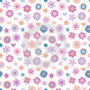 Lovely sweet seamless texture with flowers, hearts, stars. Cute childishs seamless pattern in pastel colors