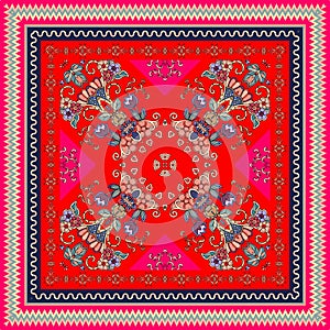 Lovely tablecloth in oriental style with ornamental border. Bright indian scarf
