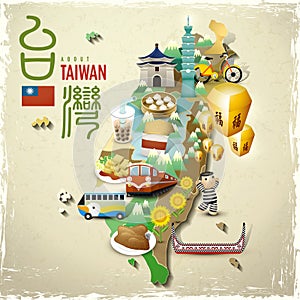 Lovely Taiwan landmarks and snacks map in flat style