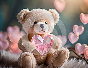 Lovely teddy bear holding pink crystal heart