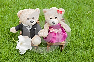 Lovely teddy bear sit on wooden chair, Concept wedding of love,