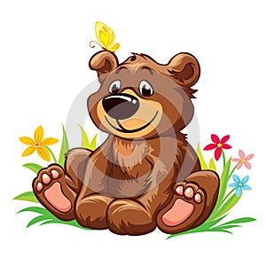 Lovely teddy bear sitting on grass, with yellow butterfly on his ear