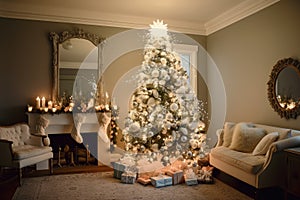 lovely traditional christmas tree surrounded by ornaments and lights, in white hokey room