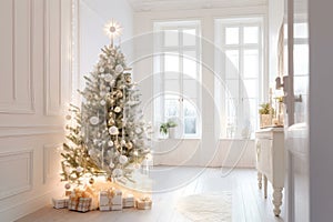 lovely traditional christmas tree surrounded by ornaments and lights, in white hokey room