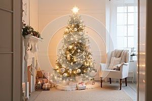 lovely traditional christmas tree surrounded by ornaments and lights, in white hokey room