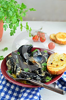 Mussel Soup in Olive Oil and White Wine with Toasted Bread