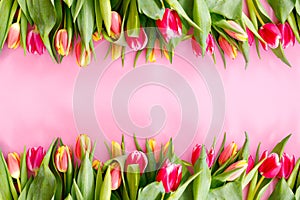 Lovely tulips bunch, floral border. Layout for springtime holidays. Mother day greeting card.