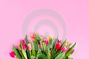 Lovely tulips bunch, floral border. Layout for springtime holidays. Mother day greeting card.