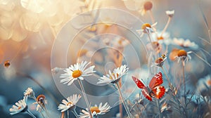 Lovely untamed flowers daisies and butterfly in a cold morning mist in a close-up macro shot of springtime nature Lovely