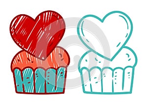 Lovely VDay cupcake, contour illustration, colored with scribbles. Simple line art cupcake with heart decor