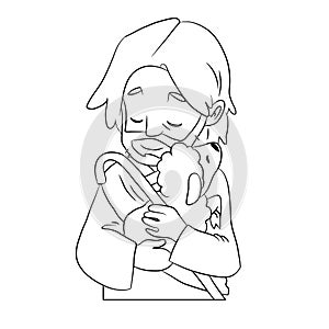 A lovely vector cartoon of Jesus holding a sheep to his chest with love. Coloring page. Black and white picture