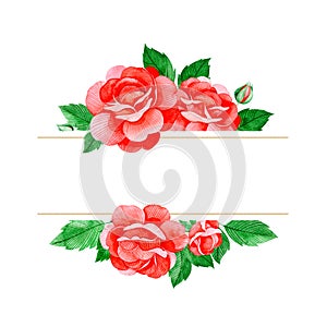 Lovely watercolor frame border with red roses flowers,buds and leaves