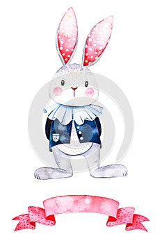 Lovely watercolor illustration with cute white rabbit and ribbon