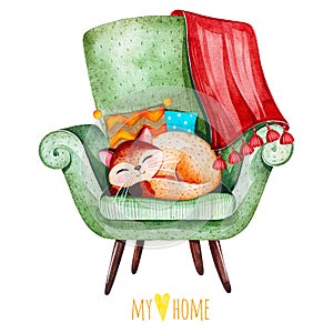 Sleeping cute kitten on cozy green chair with multicolored cushions and plaid