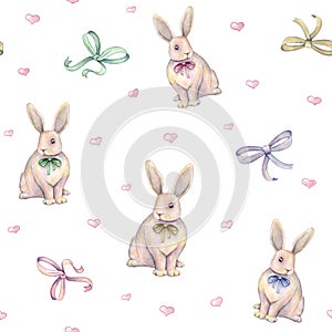Lovely watercolor rabbit with bow on a white background. Watercolor drawing. Handwork. Seamless pattern