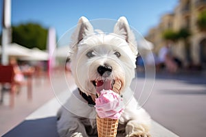 Lovely West highland white terrier dog licking ice-cream in girl hand.