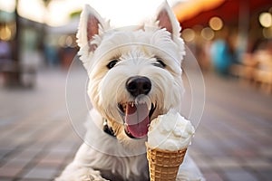 Lovely West highland white terrier dog licking ice-cream in girl hand