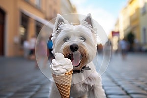 Lovely West highland white terrier dog licking ice-cream in girl hand.