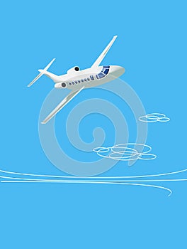 Lovely white airliner plane in a bend against the blue sky. Dreams. Illustration