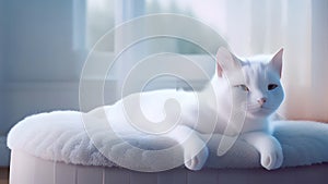 Lovely white cat lying on ottoman at home