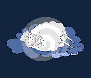 A lovely white lamb sleeps sweetly on a cloud in the sky. The concept of sweet dreams, relaxation, night rest, healthy sleep.